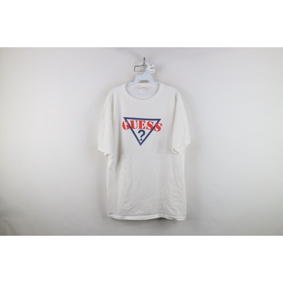 Vintage 90s Guess Mens OSFA Spell Out Big Logo Short Sleeve T-Shirt White USA - Picture 1 of 13